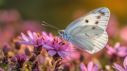 Serene Butterfly on Pink Flowers at Golden Hour