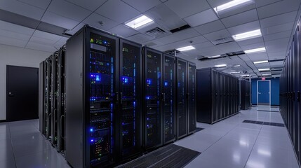 A modern data center with illuminated server racks and advanced networking infrastructure represents cloud computing, cybersecurity, and data management. Ideal for IT security, storage, and technology