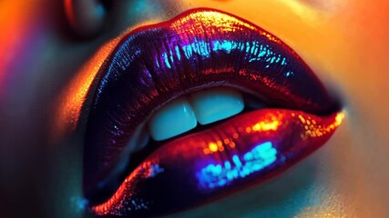 Close-up of lipstick application, bold color on lips, luxurious studio lighting, vibrant glamorous setting