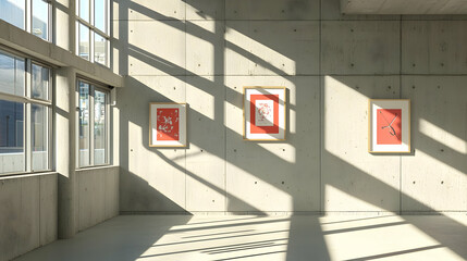 Obraz premium Modern Concrete Gallery Interior With Sunlight And Art