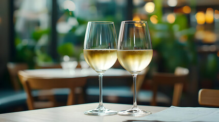 Two Wine Glasses Filled With White Wine on a Wooden Table in Restaurant