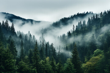 A misty landscape seamlessly transitions into a thick forest, with addition of hovering clouds enhancing enchanting atmosphere, highlighting interaction between wooded terrain and atmospheric elements
