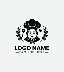 smiling chef portrait with toque and apron. Culinary logo