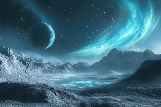 alien planetscape with bioluminescent celestial bodies multiple moons casting ethereal light across crystalline terrain cosmic aurora dancing in starlit sky