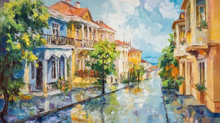 Fototapeta premium Colorful oil painting of a European street after a rainfall