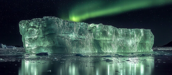 A massive iceberg with a green aurora overhead reflects in the calm, icy water under starry skies