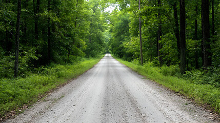 Naklejka premium Gravel Path Through Lush Green Forest Canopy Under Bright Daylight