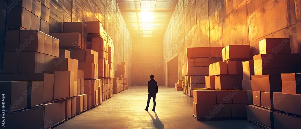 Poster a worker traversing a warehouse aisle lined with stacked storage boxes illuminated by dramatic high 