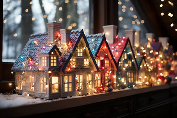 A picturesque winter tableau, where delicate snowflakes descend gracefully upon a snug cottage embellished with holiday ornaments and luminous illuminations