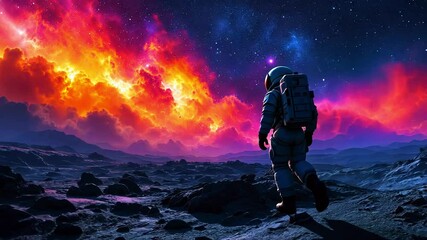 Astronaut exploring a vibrant alien landscape under a colorful cosmic sky, evoking wonder and adventure