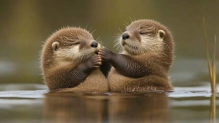 Two adorable otter pups playfully interacting in calm water.