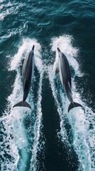 Two dolphins swimming in ocean, aerial view.