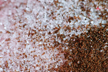 Macro texture of instant coffee granules with lot of sugar