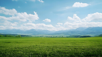 Fototapeta premium Vast Green Field Under A Bright Blue Sky With Fluffy White Clouds Over Mountains in Daytime
