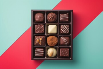 Assorted chocolate pralines in elegant box on dual-colored background. Sweet treat for Valentine's Day. Gourmet confectionery gift concept with copy space.