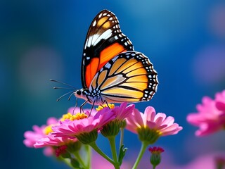 Fototapeta premium Close-up of colorful butterfly on pink flowers, blue sky background, macro style, vibrant and detailed, ideal for wallpaper, nature photography
