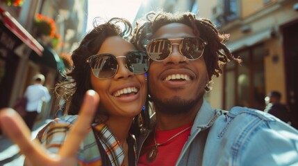 Obraz premium Joyful couple celebrates life with smiles while enjoying a sunny day in a vibrant city street