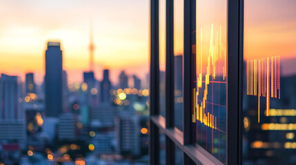 city skyline at sunset is reflected in window displaying digital stock market chart, creating dynamic blend of urban life and financial data