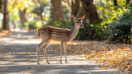Fawn in park pathway, autumnal sunlight