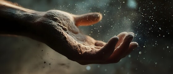 Close up of a hand covered in chalk dust with the dust particles suspended in the air against a blurred cinematic background highlighting the intense focus or action of the person