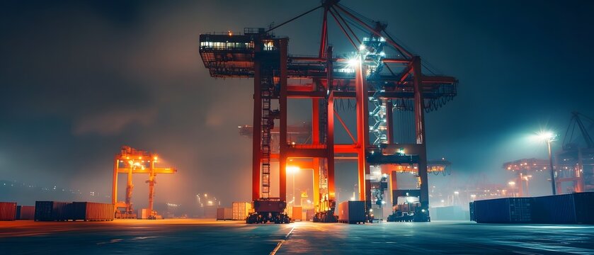 Dramatic nighttime scene of gantry cranes and stacked shipping containers in a commercial port with contemporary cinematic lighting creating a moody industrial atmosphere
