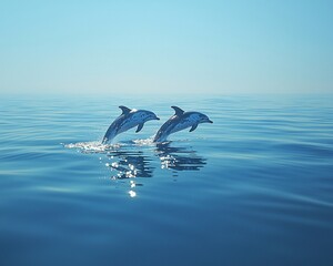 Fototapeta premium Two dolphins leap from the ocean surface.