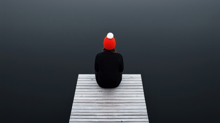 Person in red beanie sitting on wooden dock overlooking calm water
