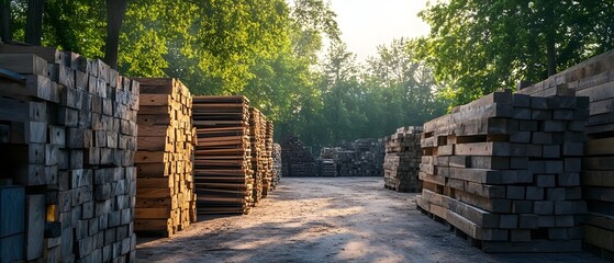 Neatly stacked piles of lumber in a storage yard with lush trees visible in the background and a contemporary cinematic lighting setup creating dramatic shadows and highlights