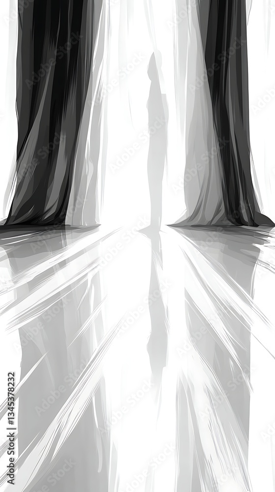 Poster Ethereal Light Filtering Through Fabric Drape Creating a Ghostly Reflection on the Glossy Floor