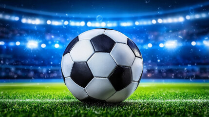 Naklejka premium soccer ball on vibrant green field under bright stadium lights, capturing excitement of night game. scene is dynamic, with sense of anticipation in air