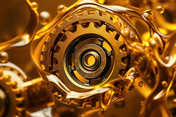 Close up of golden mechanical gears in golden engine oil