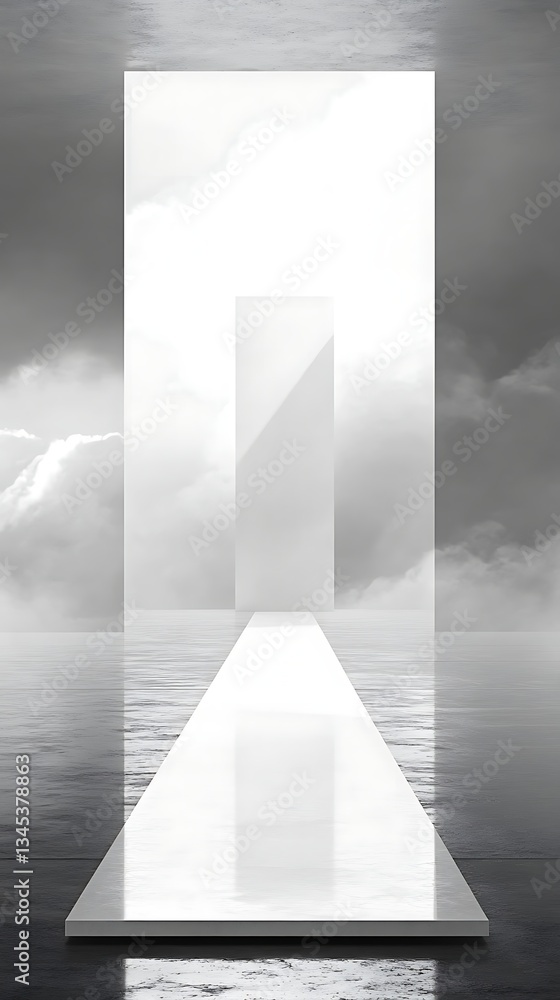 Poster ethereal pathway illusion with cloudscape backdrop and rectangular elements for architectural design