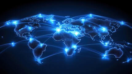 Fototapeta premium Digital world map displaying global connections and data pathways