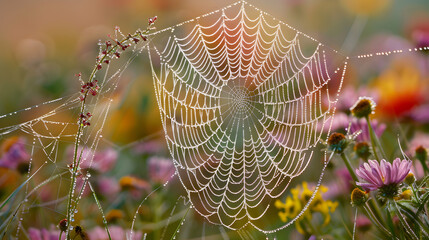 A spider web is spread across a field of flowers