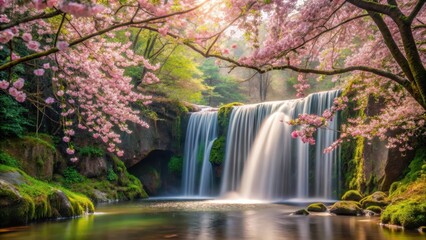 Obraz premium Serene waterfall cascading through a lush forest with delicate sakura flowers blooming in the background, their pale pink petals gently swaying in the breeze , spring, gentle