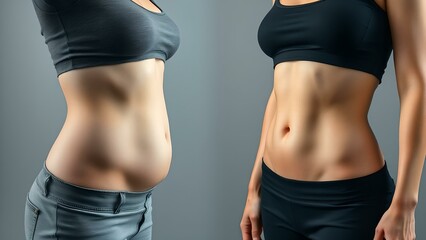On the left in the frame is the fat belly of a woman before losing weight, on the right in the frame is a toned stomach on a gray background, a woman dressed in black clothes Before and after fitness 