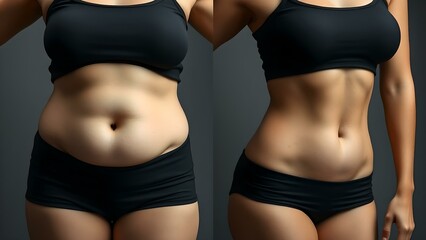 On the left in the frame is the fat belly of a woman before losing weight, on the right in the frame is a toned stomach on a gray background, a woman dressed in black clothes Before and after fitness 