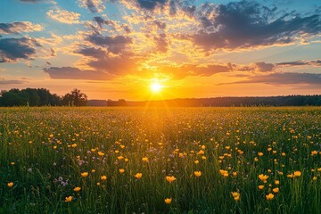 Naklejka premium A beautiful sunset bathes a field of wildflowers in light