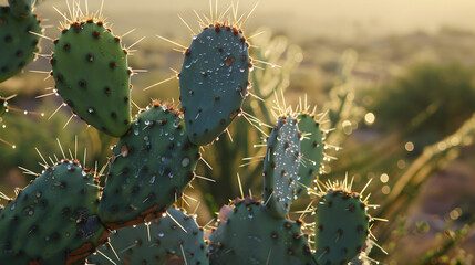 A cactus with many spines and a few droplets of water on it