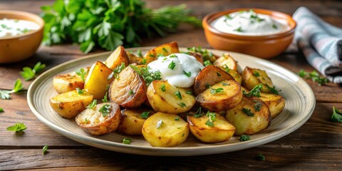 Pan-seared crispy breakfast potatoes on a plate garnished with fresh herbs and a dollop of sour cream, crispy, sour cream