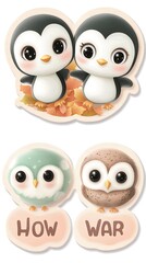 Fototapeta premium Cute Penguin & Owl Pair for Autumn Leaves.