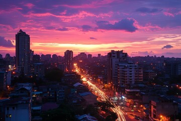Obraz premium A City Skyline Dominated By Tall Buildings At Sunset