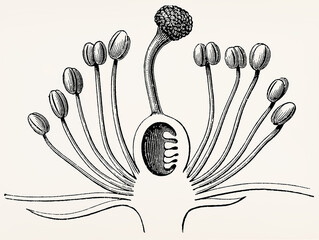 Helianthemum flower (Hypogynous flower, ovary) in cross-section. Antique stylized illustration.