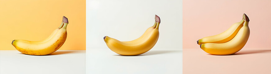Three Fresh Bananas Displayed Against Vibrant Backgrounds In Various Shades Of Color And Texture.  A Still Life Of Healthy Fruit. Showing A Tasty Treat  For A Delicious Snack or