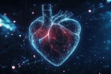 anatomically accurate holographic heart floating in dark space pulsing with neon blue digital networks cyberpunk aesthetic