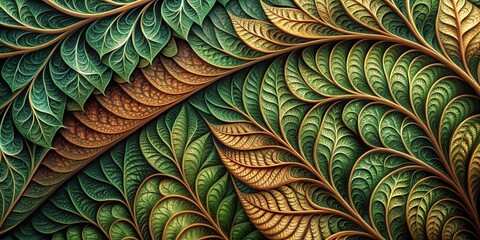 Intricate, swirling leaf patterns in shades of emerald green and earthy brown, reminiscent of nature's unique designs