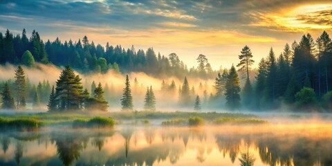 Fototapeta premium Gentle forest mist at dawn, serene landscape, peaceful, serene landscape, peaceful, stillness, nature