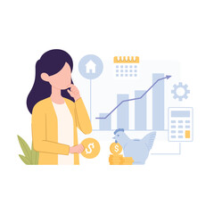 People character collecting and putting coins in chicken piggy bank. Financial management, money savings and deposit growth concept vector illustration