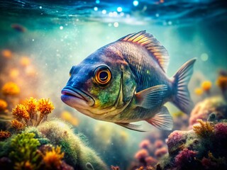 Fototapeta premium Double Exposure: Melancholy Aquatic Creature, Underwater Scene, Surreal Art