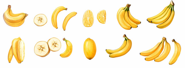 Collection Of Ripe Yellow Bananas And Sliced Banana Variations On White Backgrounds
